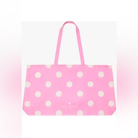 NEW Kate Spade XL Canvas Reusable Shopper Foldable Tote Pink White Polka Dots - Picture 1 of 8